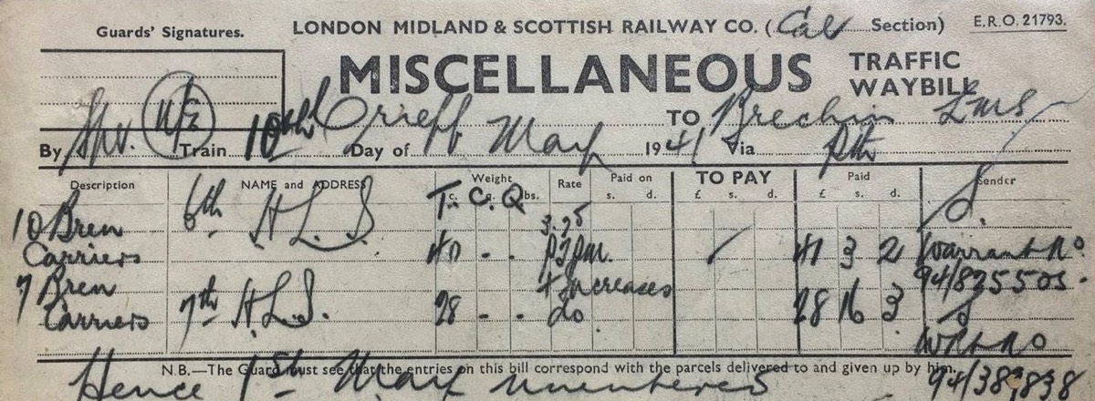 Carriage slip for Bren Carriers to travel from Crieff to Brechin 10 October 1941 - David Ferguson Collection