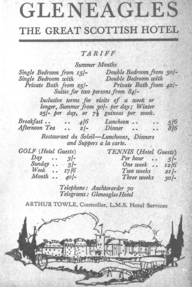 Tariff card for Gleneagles Hotel from late 1920's - Nelson Twells